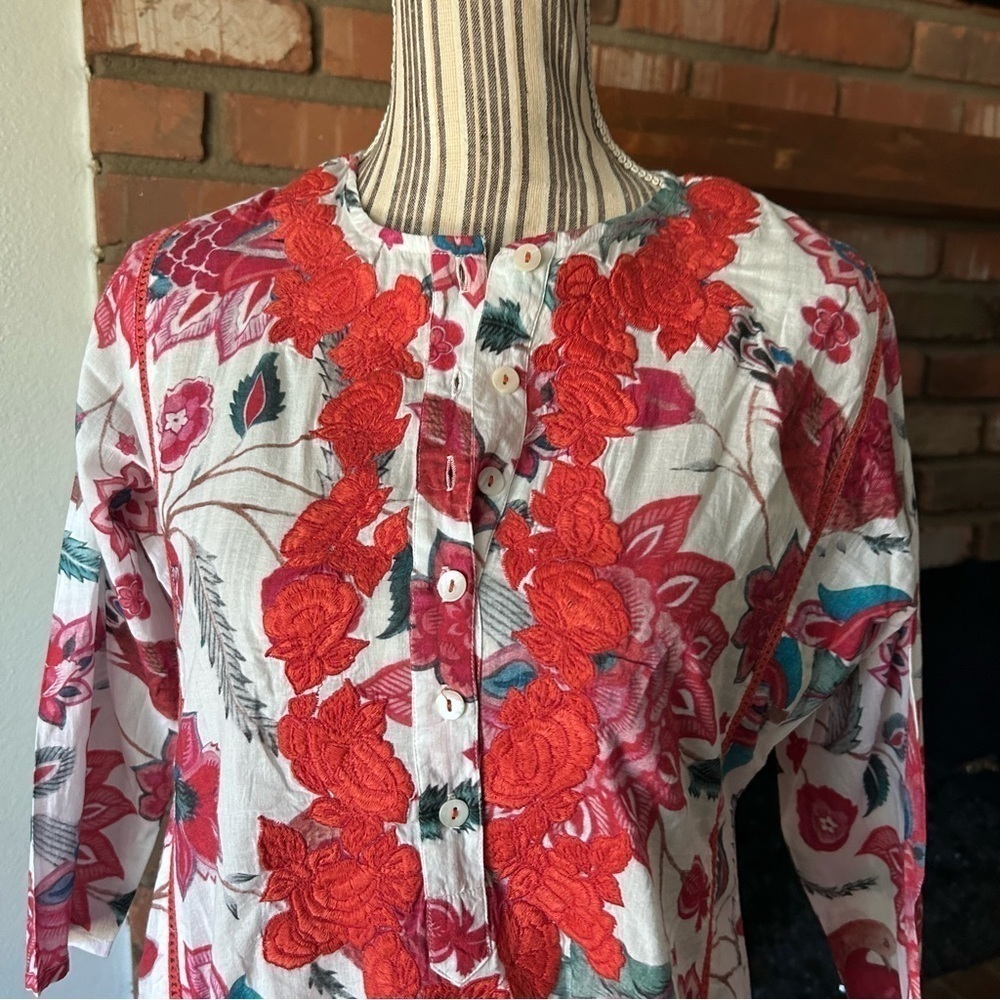 Tuckernuck Ro’s Garden Embroidered Floral Tunic Cotton Dress in Pink & Red XS - Picture 3 of 11